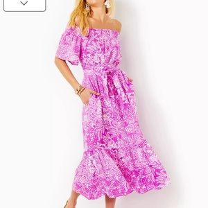 Lilly Pulitzer Isbell Off The Shoulder Dress in Wild Fuschia SizeM
